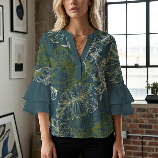 Damen Bluse mit voluminösen Rüschenärmeln und floralem Druck EB