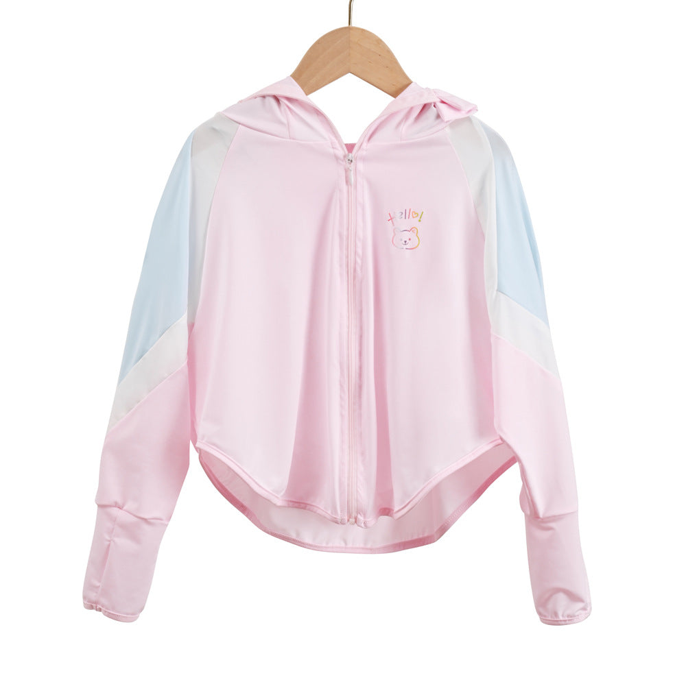 Unisex nan ultraleichte Kinder-Sonnenschutzjacke mit Kapuze, Reißverschluss, Meshfutter und Bärenstickerei  EB