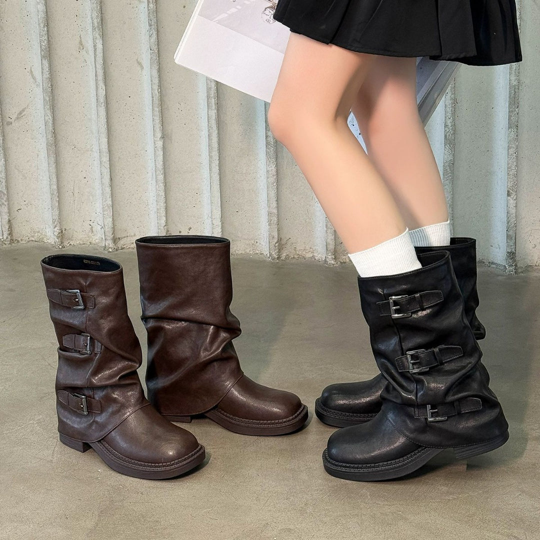 Damen modische Stiefel mit dekorativen Schnallen und robustem Profil EB