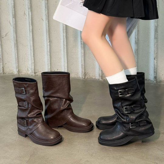 Damen modische Stiefel mit dekorativen Schnallen und robustem Profil EB