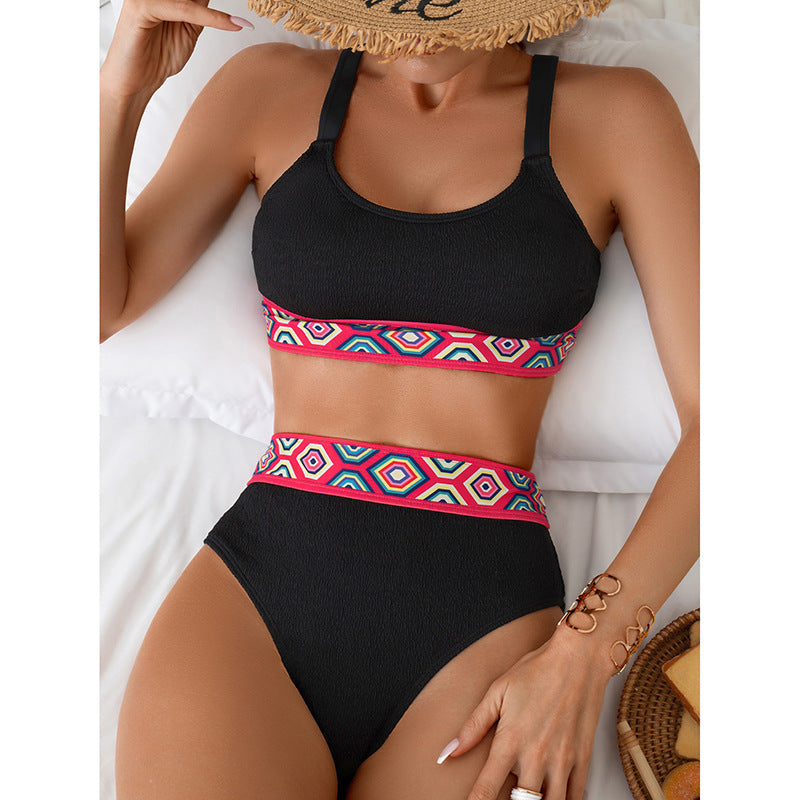 Damen Sportlicher Hochtaillen-Bikini mit buntem elastischen Bund EB