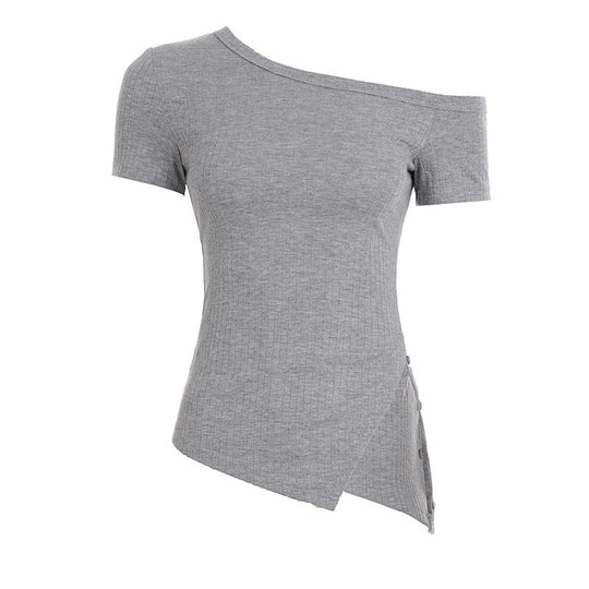 Damen asymmetrisches Kurzarm-Oberteil mit Knopfdetails und einzigartigem Schnitt EB