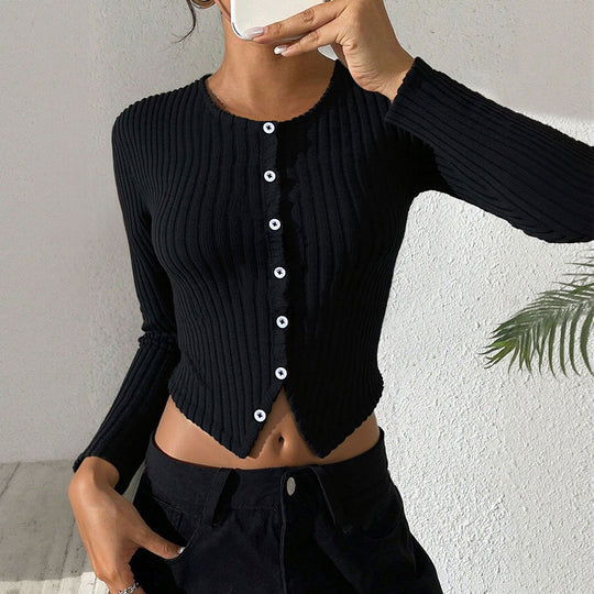 Damen gerippte Cropped-Strickjacke mit spitzem Saum und Knopfverschluss Eichborn Berlin