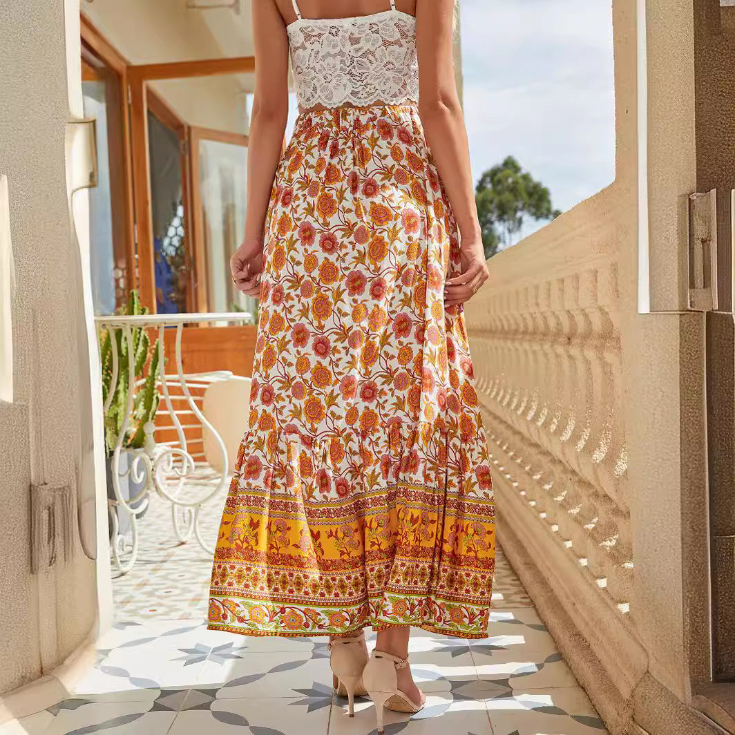 Damen Maxirock mit floralem Design und romantischem Volant EB