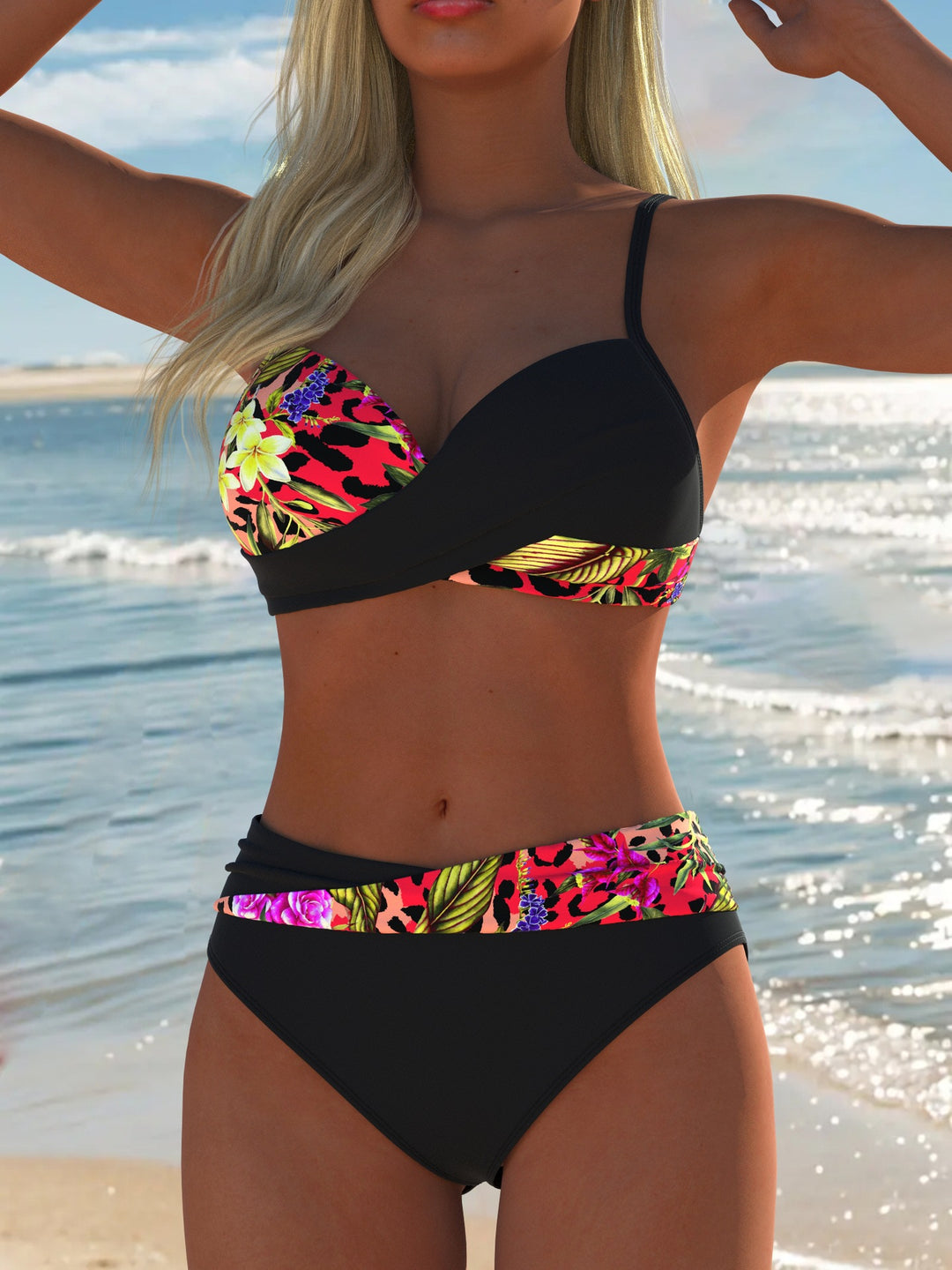 Damen Balconette-Bikini mit trendy Palmendruck und eleganter Ring-Detaillierung EB
