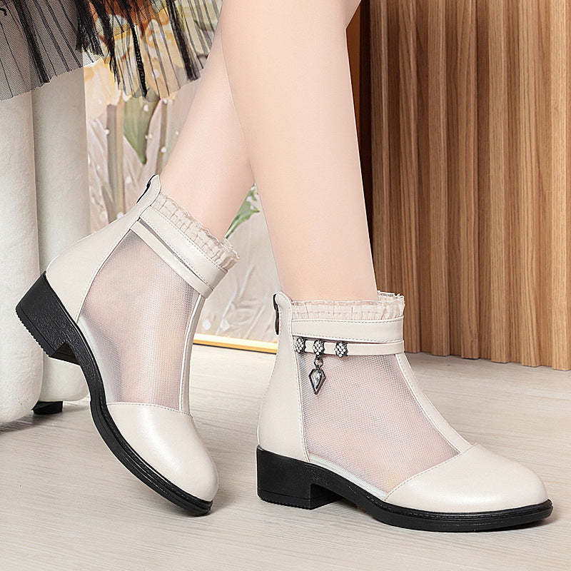 Damen Modische Ankle Boots mit transparentem Mesh-Einsatz und eleganten Schmuckdetails EB