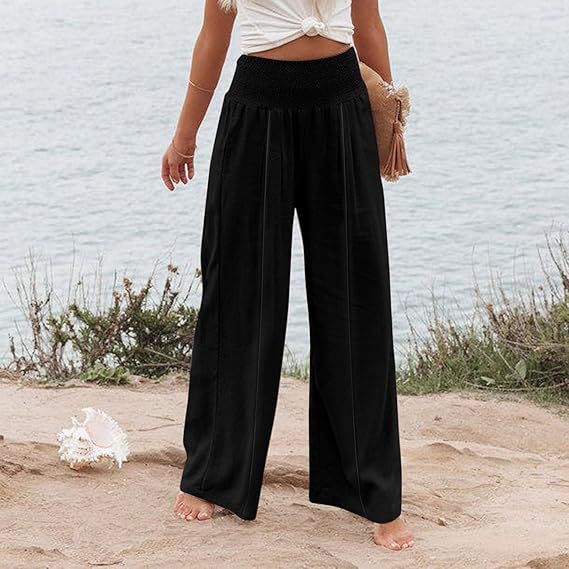 Damen weite und elegante Palazzo-Hose mit hohem Bund und Faltenwurf EB