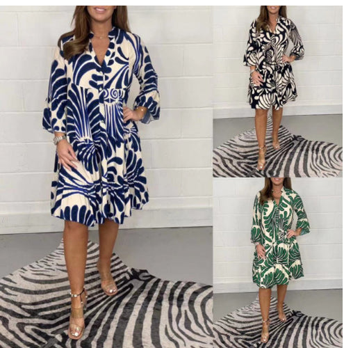 Damen Luftiges Midi-Kleid mit floralen Mustern und durchgehendem Knopfverschluss EB