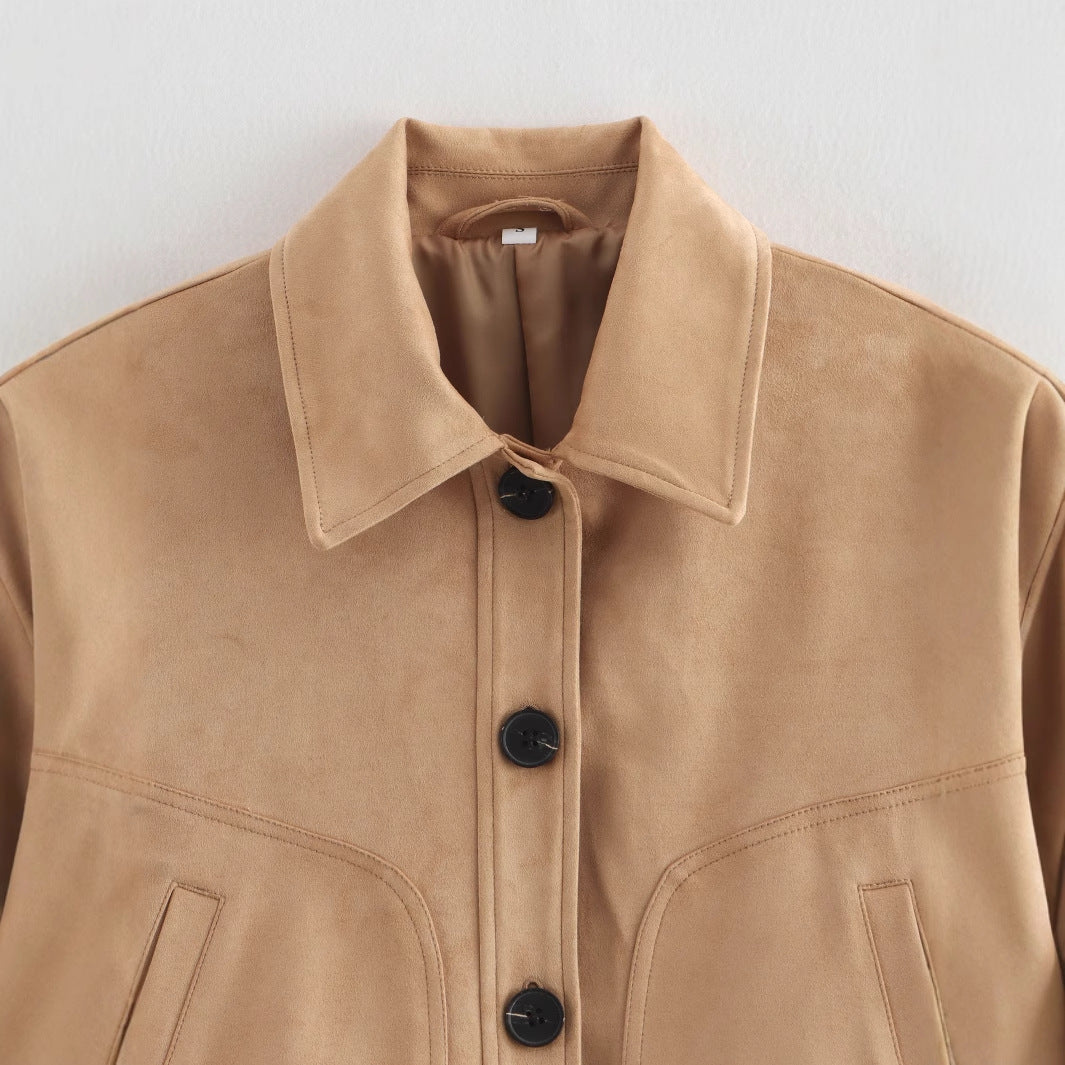 Damen cropped Wildlederjacke im lässigen Stil mit Druckknopfverschluss EB