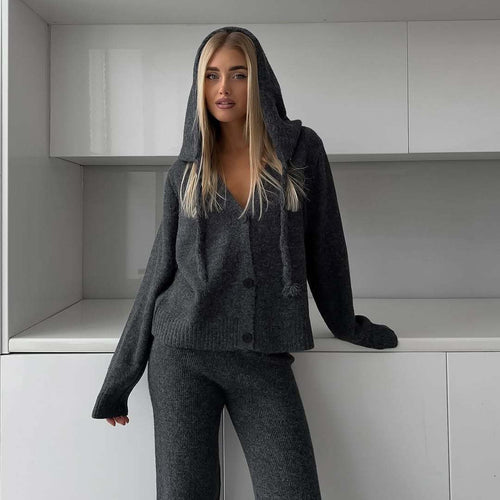 Damen elegantes Strickensemble mit weitem Cardigan und passenden Hosen EB