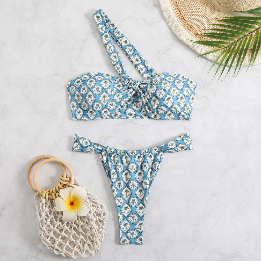 Damen Bandeau-Bikini mit asymmetrischen Trägern und modischen Wickeldetails EB