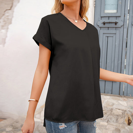 Damen elegantes V-Ausschnitt Bluse mit Falten und seitlichen Schlitzen EB