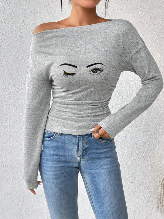 Damen Off-Shoulder Langarmshirt mit Raffung EB