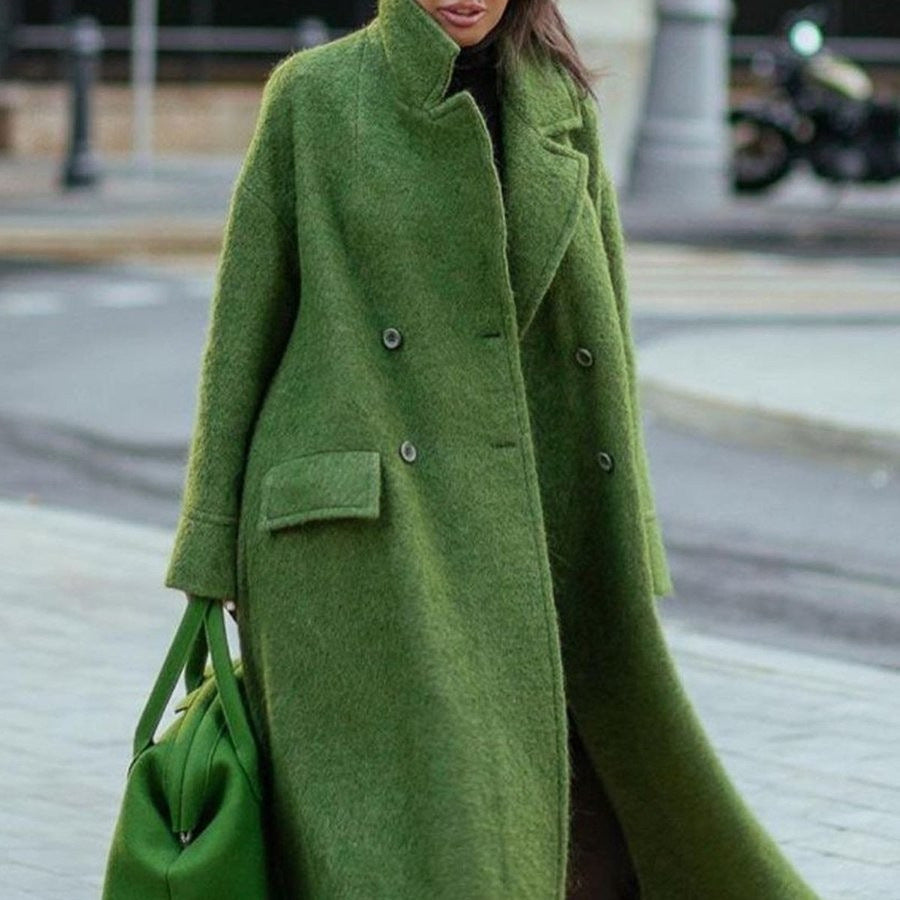 Damen nan Cape-ähnlicher doppelreihiger Wollmantel mit weitem Fall, hohem Stehkragen und Pattentaschen EB