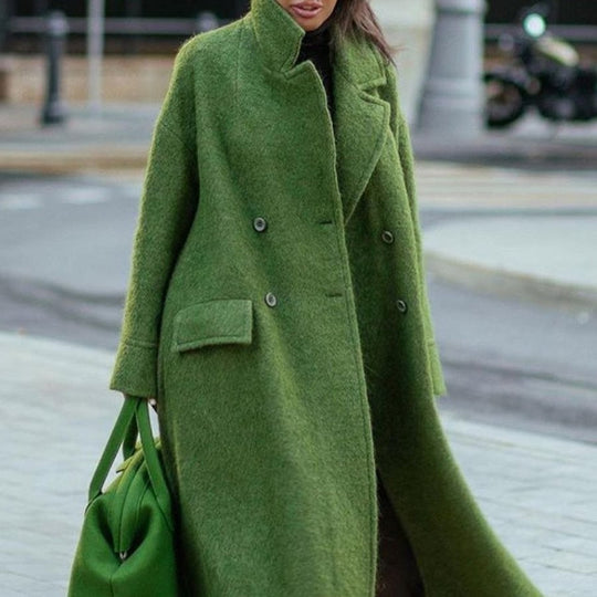 Damen nan Cape-ähnlicher doppelreihiger Wollmantel mit weitem Fall, hohem Stehkragen und Pattentaschen EB