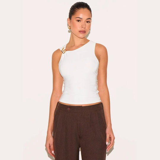 Damen Elegantes Top mit asymmetrischem Schnitt und dekorativen Riegeln EB