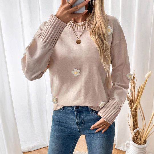 Damen Strickpullover mit floralem Design und Rippbündchen EB