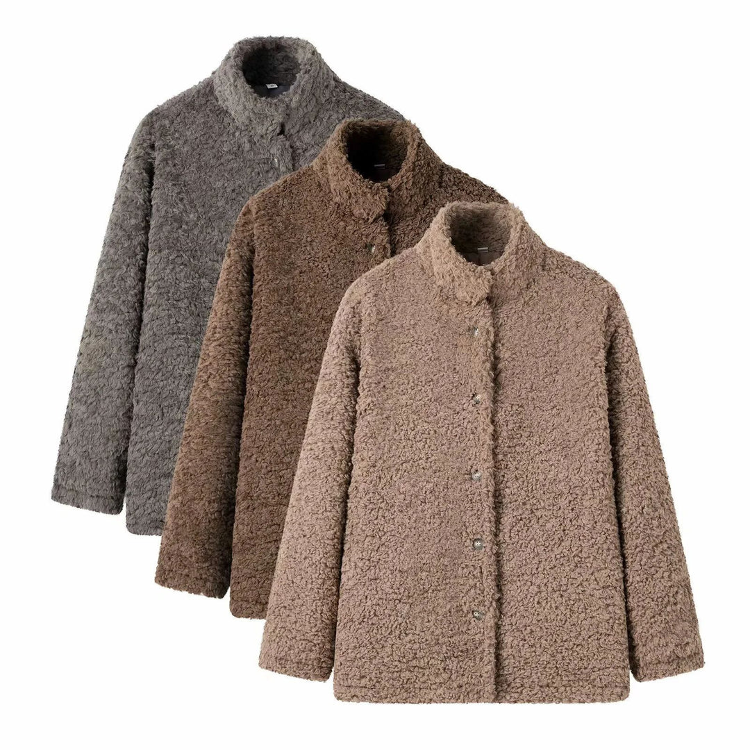Damen kuschelige Fleecejacke mit hohen Kragen und Druckknopfverschluss EB