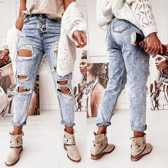 Damen Boyfriend-Jeans mit Destroyed-Details und hohem Komfortbund EB