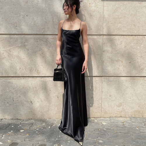 Damen elegantes Maxikleid aus fließendem Satin mit Spaghettiträgern EB