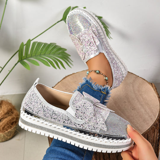 Damen Glitzernde Slip-On Sneakers mit funkelndem Schleifendesign und rutschfester Sohle EB