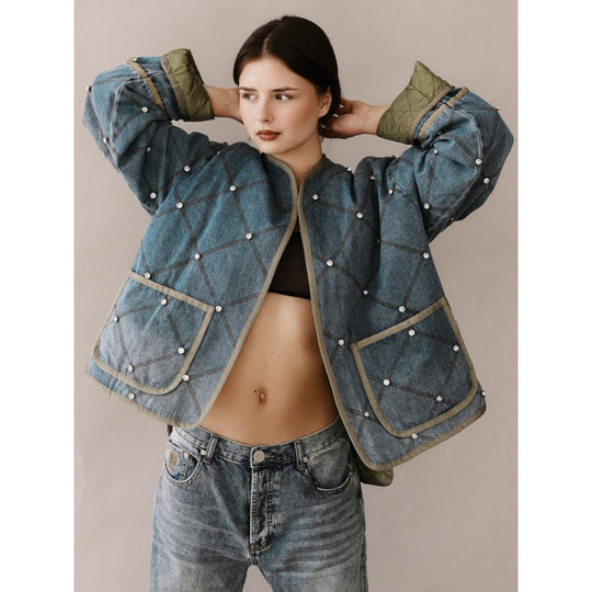 Damen modische denim Jacke mit Diamantsteppung EB