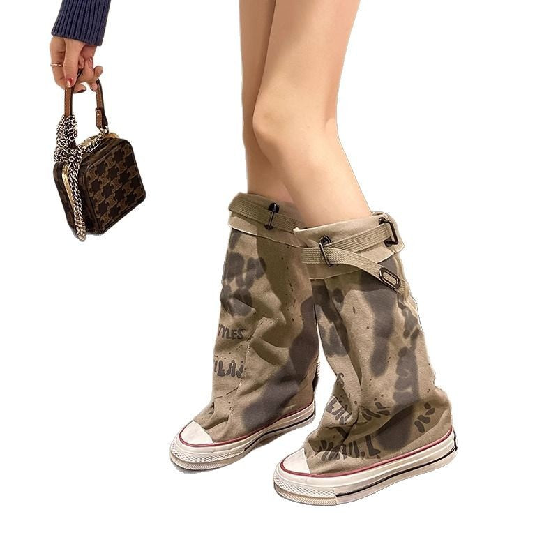 Damen Canvas-Gaiter-Boots mit integrierter Sneaker-Sohle und verstellbarem Schnallenriemen EB