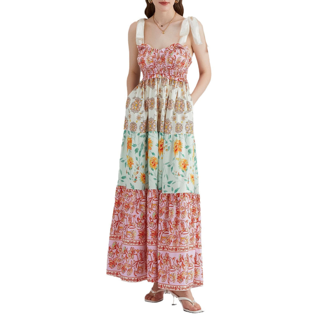 Damen Maxikleid mit floralen Falten und großzügigem A-Linien-Schnitt EB