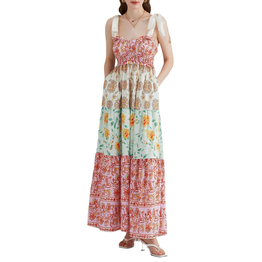 Damen Maxikleid mit floralen Falten und großzügigem A-Linien-Schnitt EB