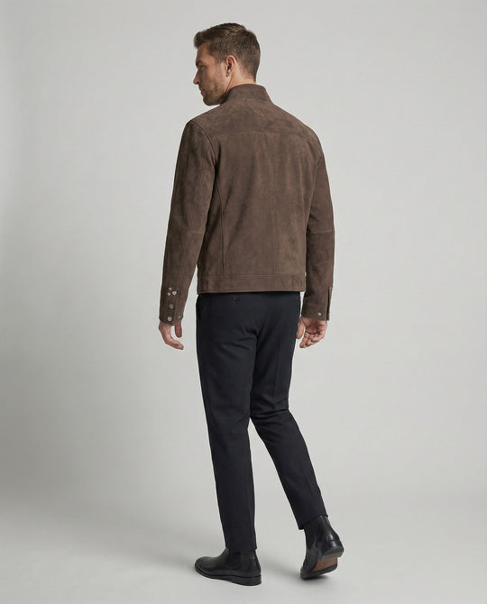 Herren kurz geschnittene Velourslederoptik-Jacke mit Stehkragen, durchgehendem Reißverschluss und Druckknopfmanschetten EB