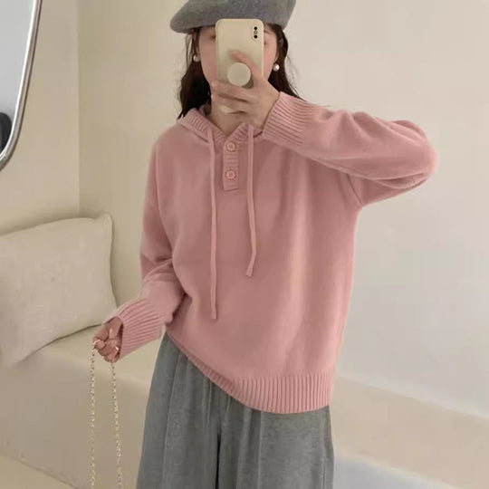 Damen Hoodie-Pullover mit Knöpfen und hohem Kragen EB