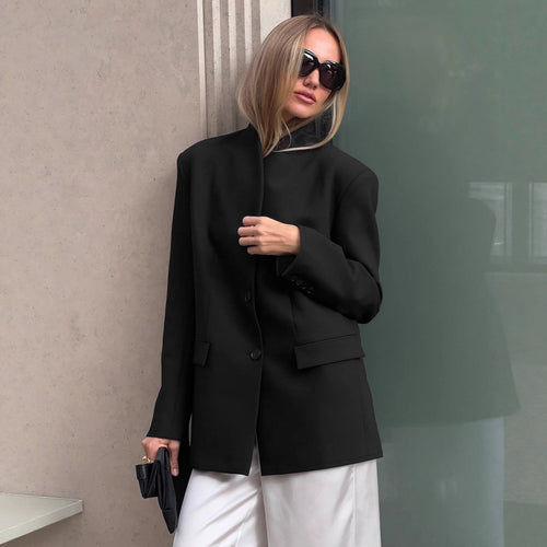 Damen Modischer Oversized Blazer mit strukturiertem Kragen und eleganten Knopfdetails EB