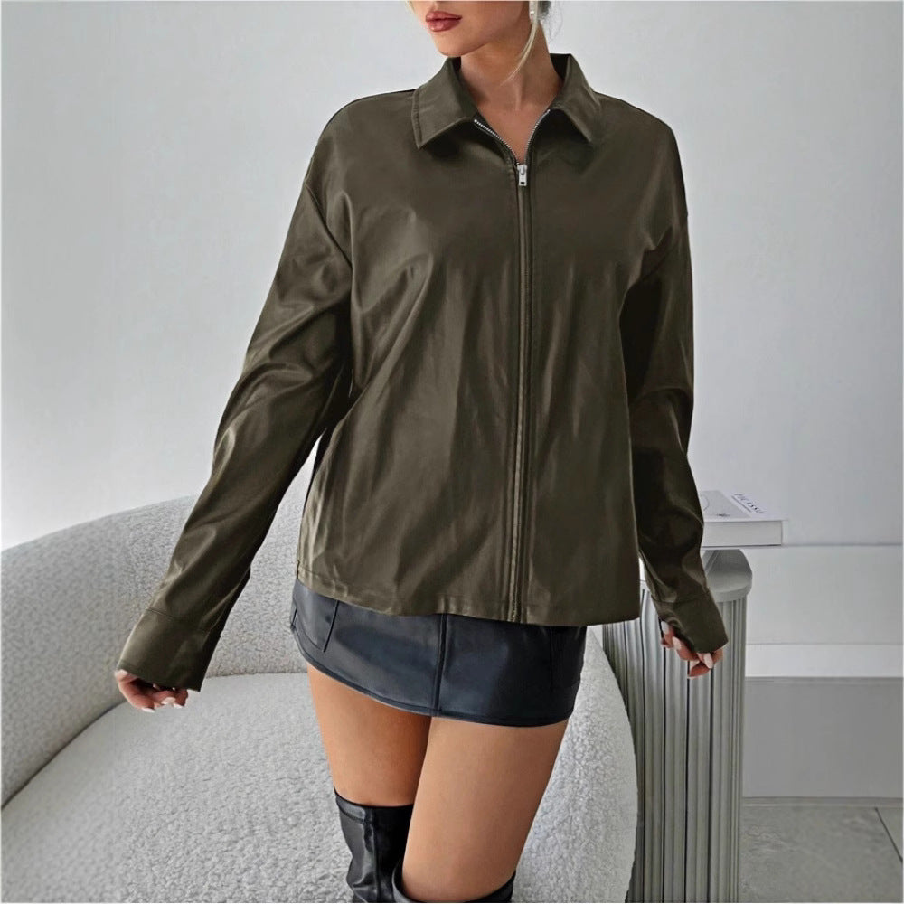 Damen leichtgewichtige Kunstlederjacke mit modernem Reißverschluss EB