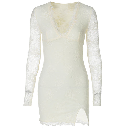 Damen Elegantes Spitzenkleid mit tiefem V-Ausschnitt und langen Ärmeln EB
