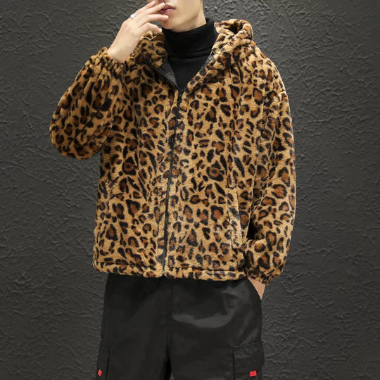 EB Herren-Fleecejacke mit Kapuze und Leopardenmuster