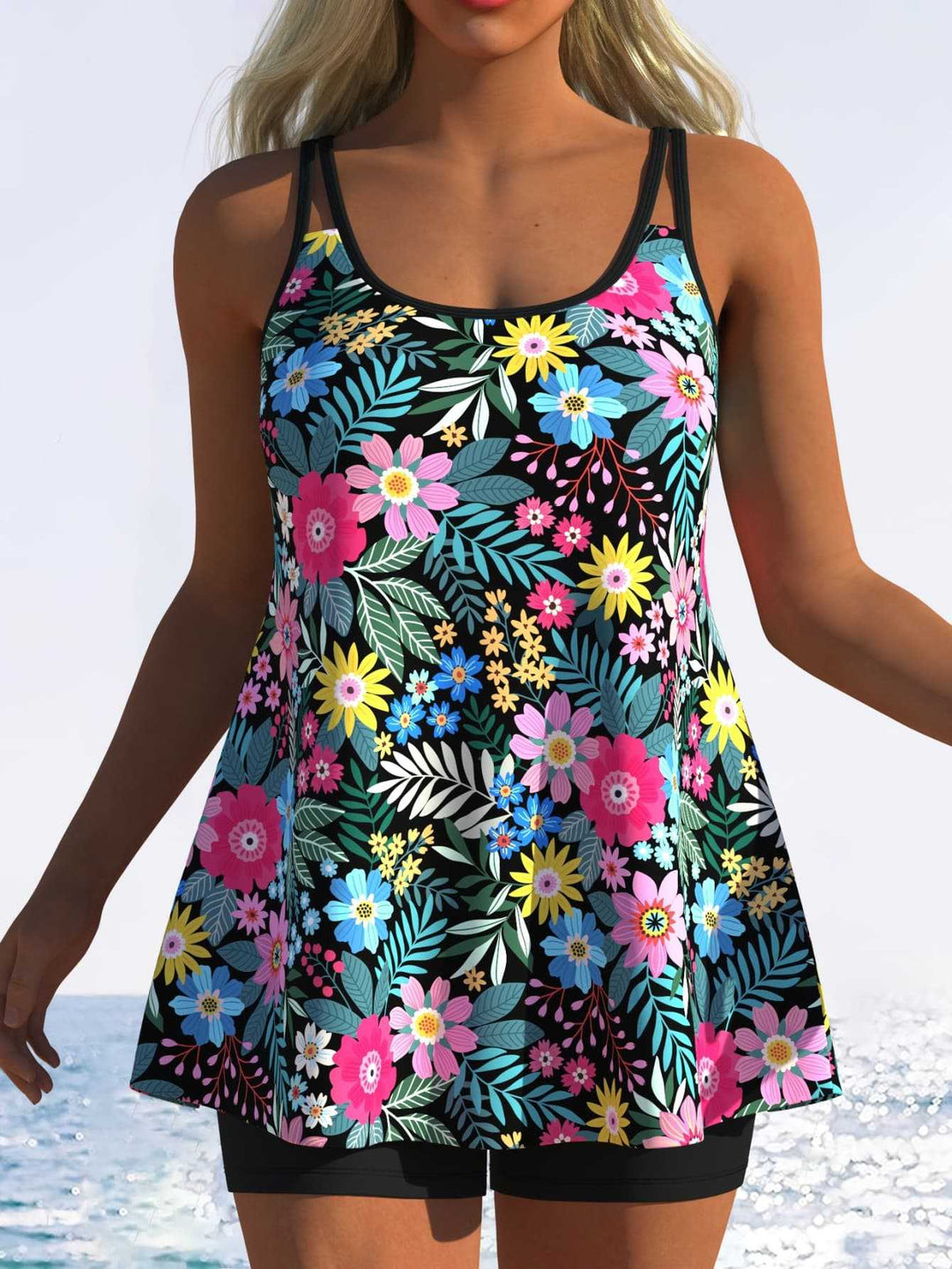 Damen Tankini mit verspieltem Streifenmuster und originellem Schnitt EB