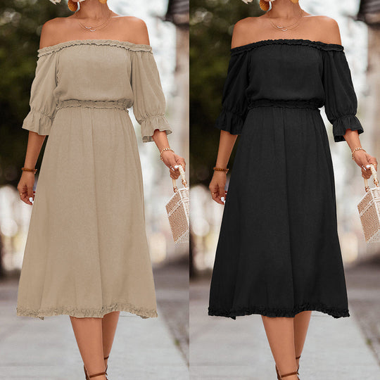 Damen Off-Shoulder Maxikleid mit elastischem Tailleneinsatz und Rüschendetails EB