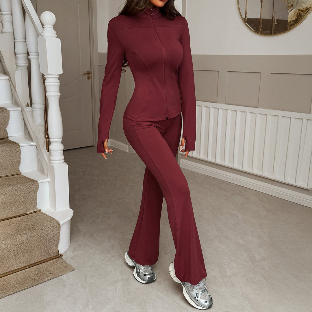 Damen nan figurbetontes Stretch-Joggingset mit taillierter Reißverschluss-Jacke und ausgestellter Schlaghose EB