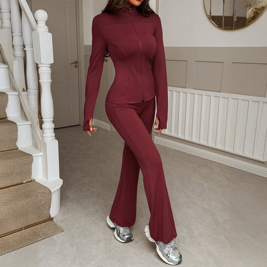 Damen nan figurbetontes Stretch-Joggingset mit taillierter Reißverschluss-Jacke und ausgestellter Schlaghose EB