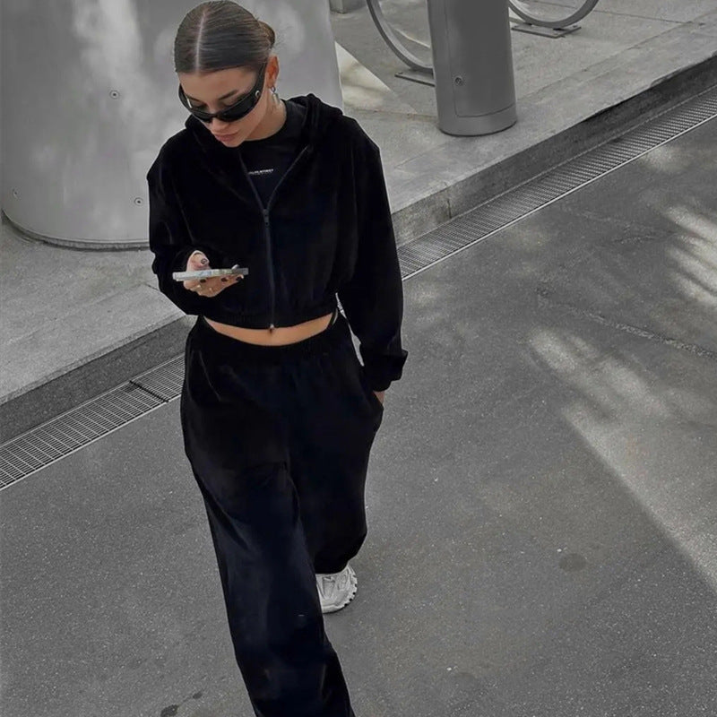 Damen nan Samt-Trainingsanzug zweiteilig mit cropped Kapuzenjacke und hoher Taille Jogginghose EB