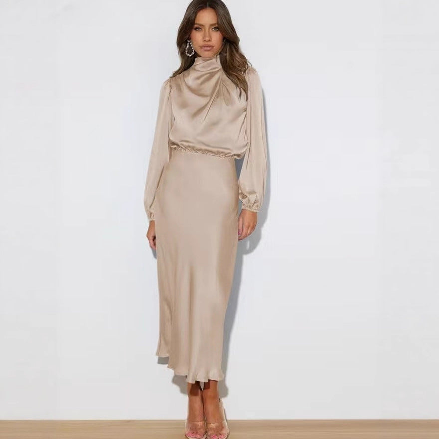 Damen Elegantes Satin-Midikleid mit Stehkragen, Blouson-Oberteil und fließendem Rock EB