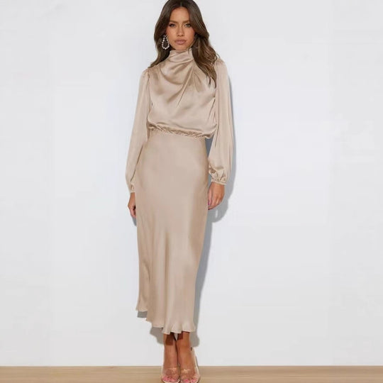 Damen Elegantes Satin-Midikleid mit Stehkragen, Blouson-Oberteil und fließendem Rock EB