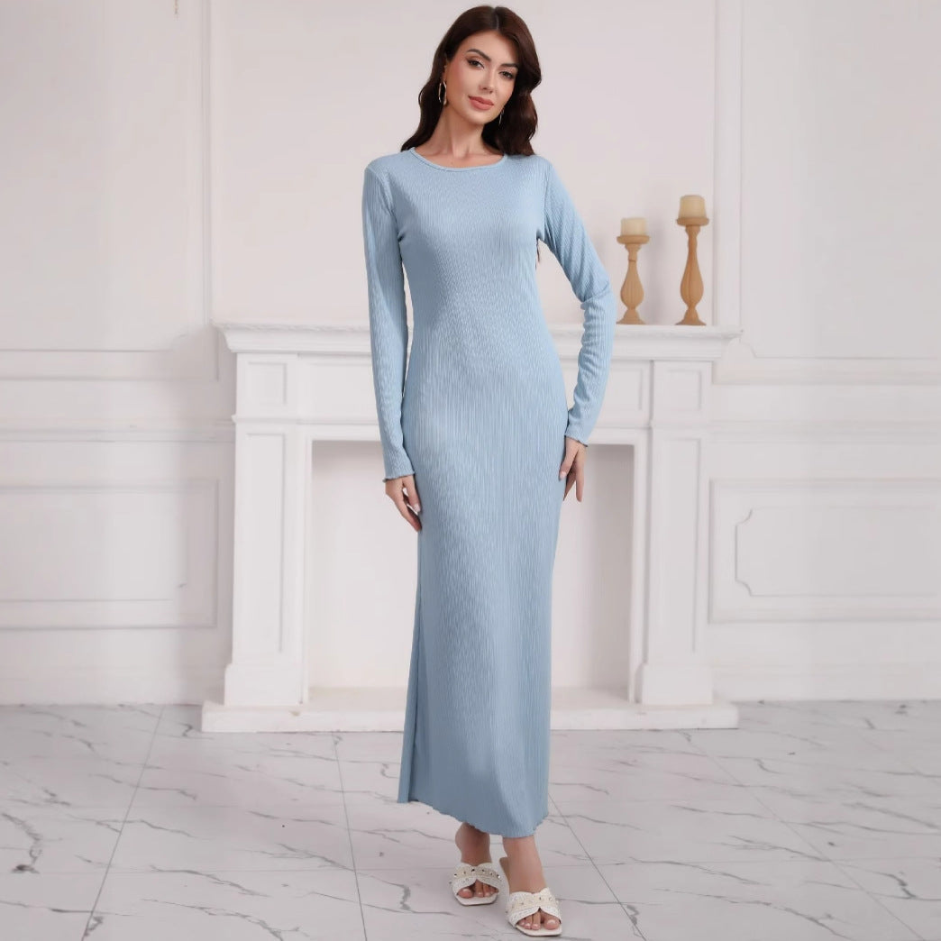 Damen Langarm Maxikleid aus hochwertigem Rippstrickstoff mit elegantem Schlitz EB