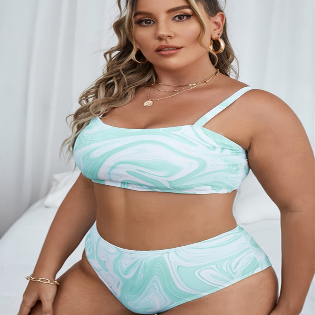 Damen Hochgeschnittenes Bikini-Set mit modernem Marmor-Design EB