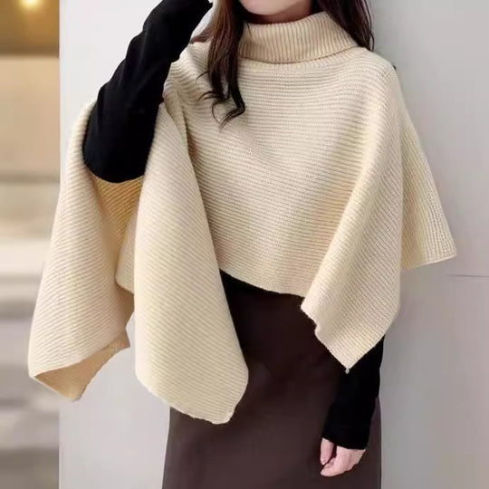 Damen Strickponcho mit hohem Kragen und asymmetrischem Schnitt EB
