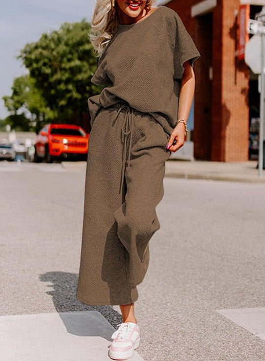 Damen lässiges Jumpsuit-Set aus weichem Material mit elastischem Bund und weit geschnittenen Beinen EB