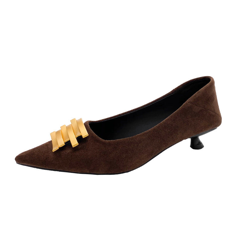 Damen Elegante Slipper mit zierlicher Absatzgestaltung und goldener Dekoration EB