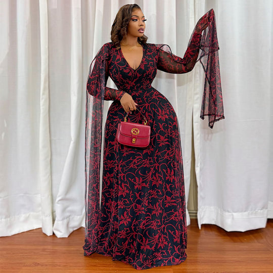 Damen Maxikleid mit floralem Transparentdesign und eleganten Ärmeln EB