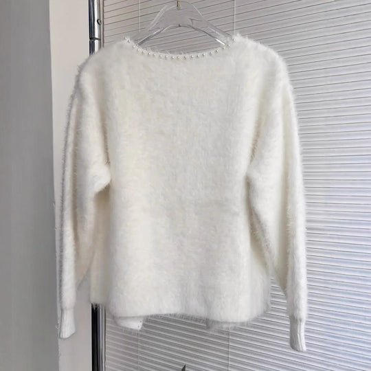 Damen Flauschiger Cardigan mit Perlknöpfen und lässigem Schnitt EB