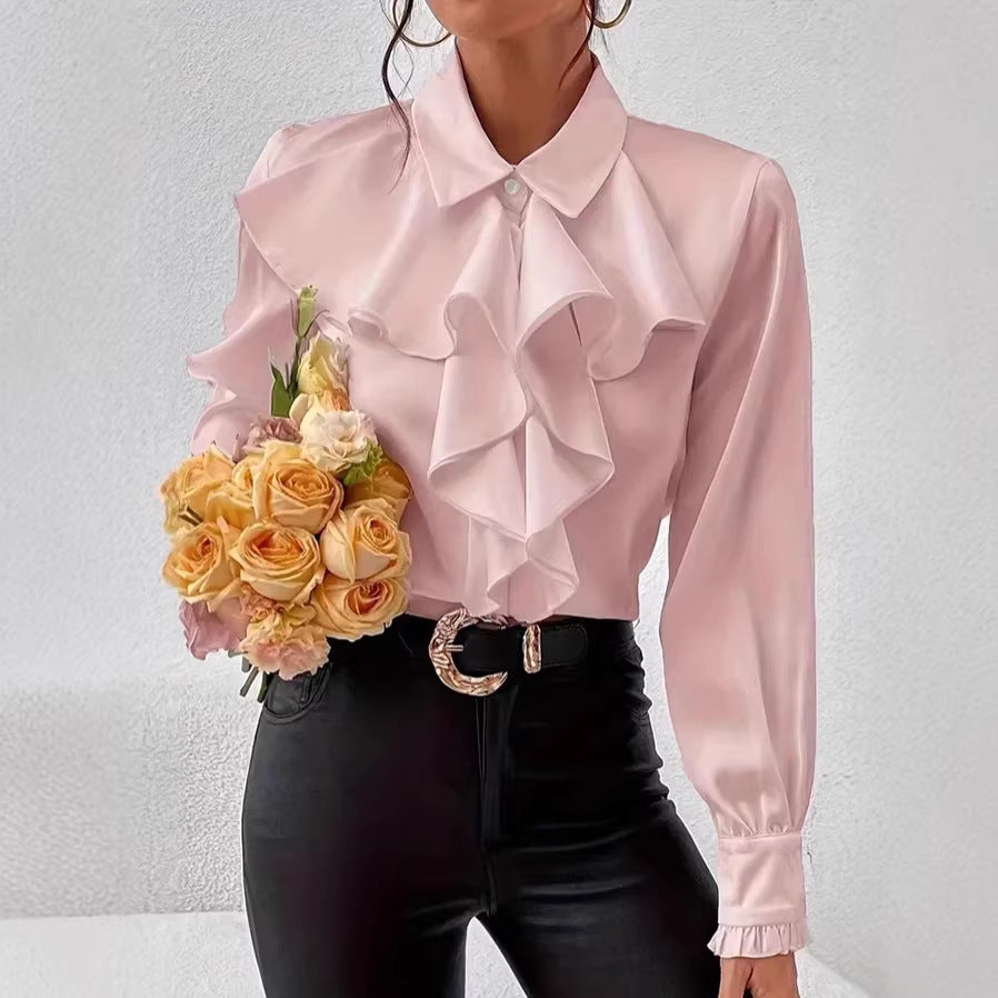 Damen Elegante Rüschenbluse mit Volants, Hemdkragen und Manschetten EB